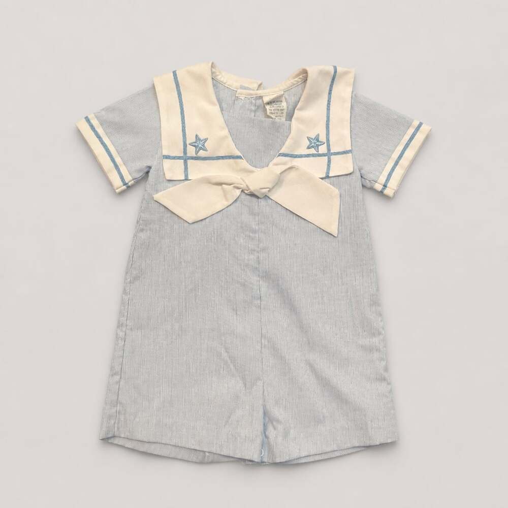 Vintage Alexis Baby Blue and White Sailor Romper Outfit with Star Embroidery